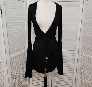 Dolls Kill Black Long Sleeve Deep V Mini Dress with Cross Charmv Size S